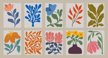 Çiçekli, yapraklı, şekilli modaya uygun klasik duvar baskıları. Modern estetik çizimler. Çağdaş sanatsal tasarım duvar dekorasyonu, kartpostal, poster, broşür koleksiyonu.