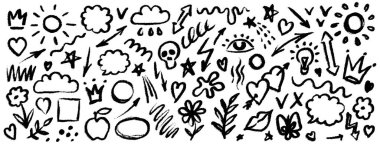 El çizimi karalama tasarımı elementleri, beyaz arka planda siyah. Vurgu, vurgu, ok, taç, fırça darbesi. çizim tasarım ögelerini karala.