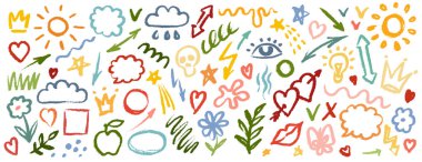 Sevimli çocuk çiçek ve kalp çizgisi çiziyor. gökkuşağı arka planı. El çizimi, çocuksu taslak seti. Çocuklar tarz tasarım elementlerini arka planda çizerler. Şirin hayvanlarla vektör illüstrasyonu.