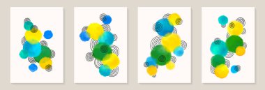 Yaratıcı minimalist el yapımı, suluboya lekeli ve el çizimi karalama çemberli soyut sanat arkaplanı. Duvar dekorasyonu, kartpostal, poster veya broşür için tasarım