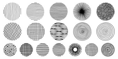 Soyut siyah arkaplan ya da desenler yuvarlak Doodle seti. El Çizimi Karalama Çemberi Koleksiyon Şekilleri. Siyah ve Beyaz. Posterler, Sosyal medya simgeleri şablonları.