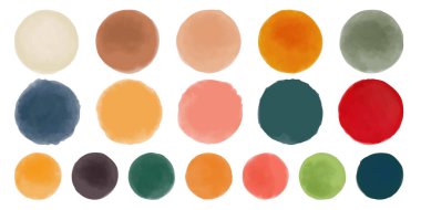 Renkli suluboya eller yuvarlak şekiller, lekeler, daireler, beyaza izole edilmiş damlalar. Sanatsal tasarım klasik rengi için elementler.