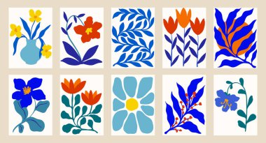 Çiçekli, yapraklı, şekilli modaya uygun klasik duvar baskıları. Modern estetik çizimler. Çağdaş sanatsal tasarım duvar dekorasyonu, kartpostal, poster, broşür koleksiyonu.