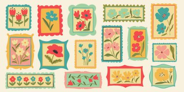 Retro karikatür çiçek çerçevesi çizimi seti. Klasik çiçek tasarım koleksiyonu. Geometrik ızgara, mozaik doğal buket dekorasyonu, bahar mevsimi doğa çiçekleri.