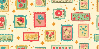 Retro karikatür çiçekli çerçeve çizimi kusursuz desen. Klasik çiçek tasarım koleksiyonu. Geometrik ızgara, mozaik doğal buket dekorasyonu, bahar mevsimi doğa çiçekleri.