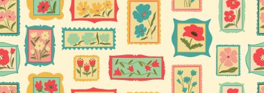 Retro karikatür çiçekli çerçeve çizimi kusursuz desen. Klasik çiçek tasarım koleksiyonu. Geometrik ızgara, mozaik doğal buket dekorasyonu, bahar mevsimi doğa çiçekleri.