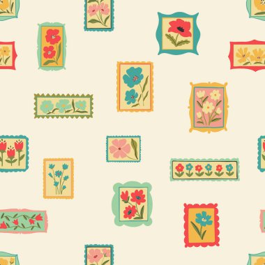 Retro karikatür çiçekli çerçeve çizimi kusursuz desen. Klasik çiçek tasarım koleksiyonu. Geometrik ızgara, mozaik doğal buket dekorasyonu, bahar mevsimi doğa çiçekleri.