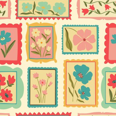 Retro karikatür çiçekli çerçeve çizimi kusursuz desen. Klasik çiçek tasarım koleksiyonu. Geometrik ızgara, mozaik doğal buket dekorasyonu, bahar mevsimi doğa çiçekleri.
