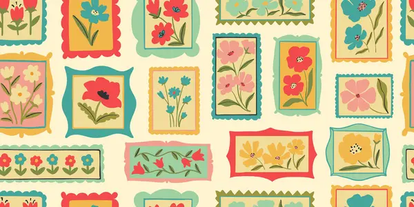 Retro karikatür çiçekli çerçeve çizimi kusursuz desen. Klasik çiçek tasarım koleksiyonu. Geometrik ızgara, mozaik doğal buket dekorasyonu, bahar mevsimi doğa çiçekleri.