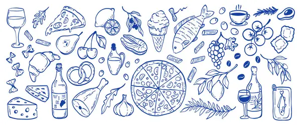 Klasik Akdeniz mavisi yaz ve yiyecek seti. El çizimi karalama. Mutfak posterleri, düğün davetiyeleri, kafe veya restoran menüleri için çizimler hazırlayan Dolce Vita tarzı masa.,