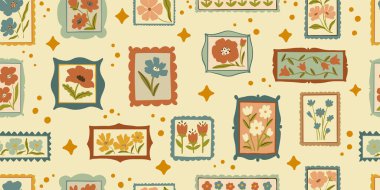 Retro karikatür çiçekli çerçeve çizimi kusursuz desen. Klasik çiçek tasarım koleksiyonu. Geometrik ızgara, mozaik doğal buket dekorasyonu, bahar mevsimi doğa çiçekleri.