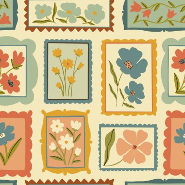 Retro karikatür çiçekli çerçeve çizimi kusursuz desen. Klasik çiçek tasarım koleksiyonu. Geometrik ızgara, mozaik doğal buket dekorasyonu, bahar mevsimi doğa çiçekleri.