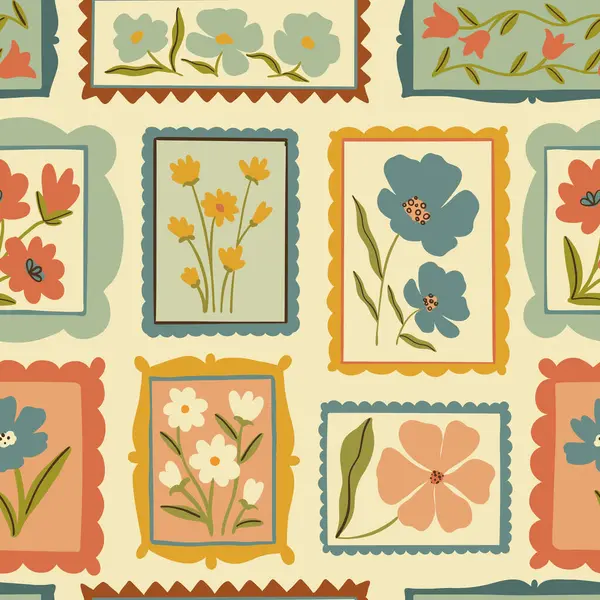 Retro karikatür çiçekli çerçeve çizimi kusursuz desen. Klasik çiçek tasarım koleksiyonu. Geometrik ızgara, mozaik doğal buket dekorasyonu, bahar mevsimi doğa çiçekleri.