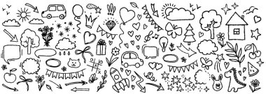 El çizimi karalama tasarımı elementleri, beyaz arka planda siyah. Vurgu, vurgu, ok, taç, fırça darbesi. çizim tasarım ögelerini karala.