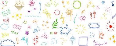 El çizimi karalama tasarımı elementleri, beyaz arka planda siyah. Vurgu, vurgu, ok, taç, fırça darbesi. çizim tasarım ögelerini karala.