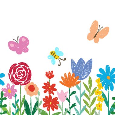 Çocuk pastel boyası, mum, kalem, tebeşir ya da kömür dokusu çiziyor. çocuksu çiçekler bitkiler, çimenler ve gökyüzü arka planı. Tarla, çayır, bahçe, renkli çiçekler, çimenler. Çocuksu bir şekilde çizmek.