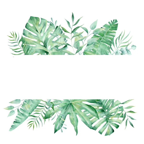 エキゾチックな水彩熱帯フレーム境界ヤシの木 夏休みのイラスト カードのテンプレート 水彩画 — ストック写真