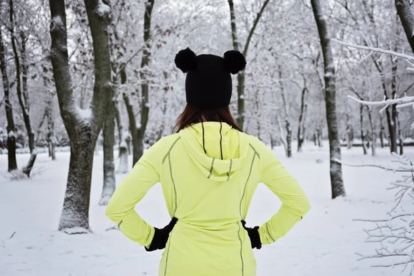 Bakåt Bild Woman Redo Att Vinter Träning Utomhus Motion Snöig — Stockfoto