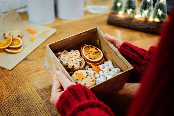 Christmas Homemade Sweet Hampers Female Hands Woman Hsnds Holding Christmas — Stock Photo, Image