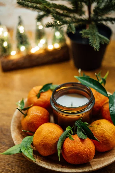 Christmas Candles Festive Season Citrus Candle Juicy Oranges Kitchen Wooden — Stock Photo, Image