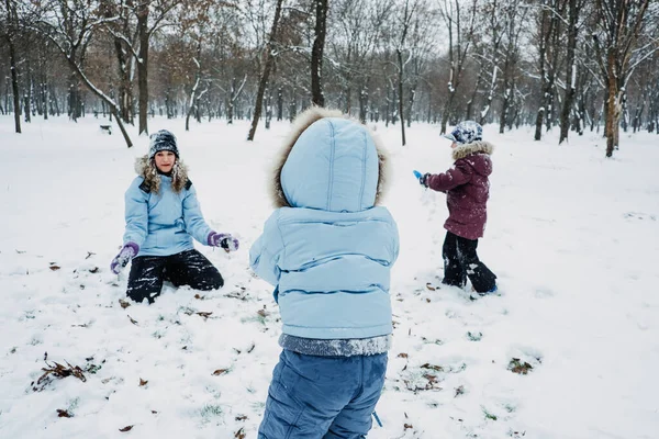 快乐的家庭 母亲和孩子们在冬天的大雪中享受户外的乐趣 妈妈和两个男孩子在外面的冬季公园打雪球 朋友的冬季户外活动 — 图库照片