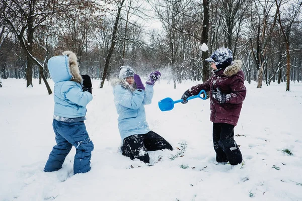 冬の雪の自然を背景に 幸せな家族 子供たちが屋外で楽しんでいます 冬の公園で雪玉をしているママと2人の男の子 友人のための屋外冬の活動 — ストック写真