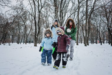 Aile ve arkadaşlar için açık hava kış aktiviteleri. Mutlu Aile, arkadaşlar, iki kadın, iki erkek çocuk ve köpek, anneler ve oğullar yürüyor, kışın karlı parkta eğleniyorlar.