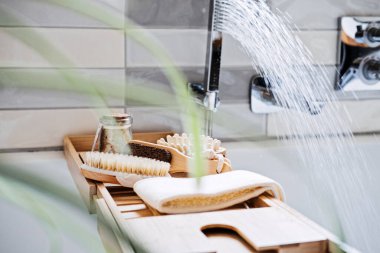 Cilt bakımı, banyo aksesuarları ve banyo tüpü. Spa tedavisi kozmetik ürünleri ve banyo malzemeleri..