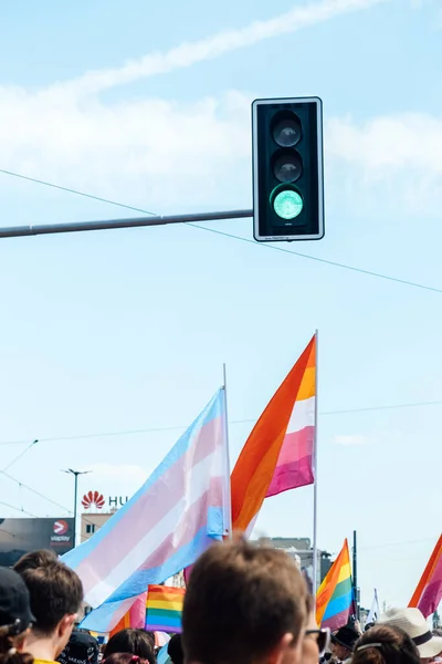 Stock image Green traffic light and LGBT rainbow flags being waved in the air at a pride event. Wave LGBTQ gay pride flags. Equality Parade. Warsaw, Poland, June 25, 2022.