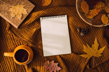 En üstteki fotoğraf, açık planlayıcı, defter, turuncu bardak ve kahverengi toprak tonundaki sonbahar yapraklarının maketi kumaş arkaplan. Boş alanla sonbahar sonbahar modeli.