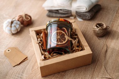 DIY Christmas gift ideas. Craft Cocktail Kits for Gifting in jars. Homemade Dry Holiday Potpourri with oranges, cinnamon sticks and spices. clipart