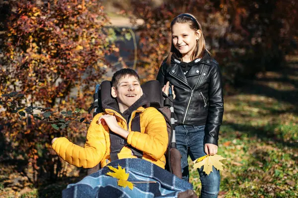 Stock image A child in a wheelchair shares a joyful moment in the park with their sibling. The image highlights the supportive bond between siblings, disability inclusion, and the importance of family support for