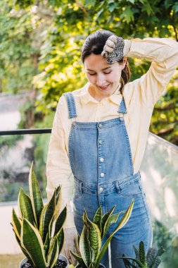 Balkonda bitki yetiştirirken alnını silen kadın. Kentsel bahçe ve çevre bilinci konsepti