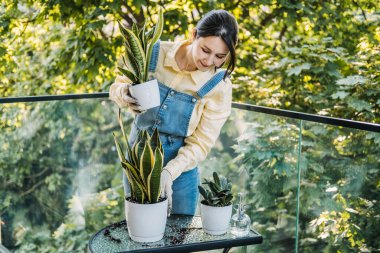 Bahçe eldivenli genç Asyalı kadın ağaçlarla çevrili bir balkonda saksı bitkileri taşıyor. Yavaş yaşam, dikkatli eylemler, doğa bağlantısı, kentsel öz bakım. Yüksek kalite fotoğraf