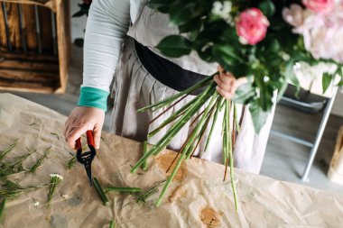Çiçekleri budarken elinde bir buket pembe gül tutarken bahçe makası kullanılıyor. Çiçek bakımı rutini, sürdürülebilir çiçekçilik, el yapımı buketler, çiçeğin arkasında. Yüksek kalite fotoğraf