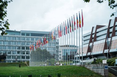 Avrupa Konseyi genel merkezi Strasbourg Fransa 19 Ağustos 2025 'te Avrupa Birliği üyesi ülke bayraklarıyla Palais de l Europe binası.