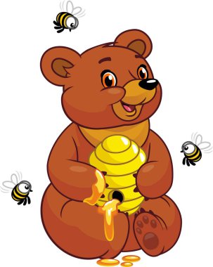 Bear eats honey from the beehive. On a white background, surrounded by bees.