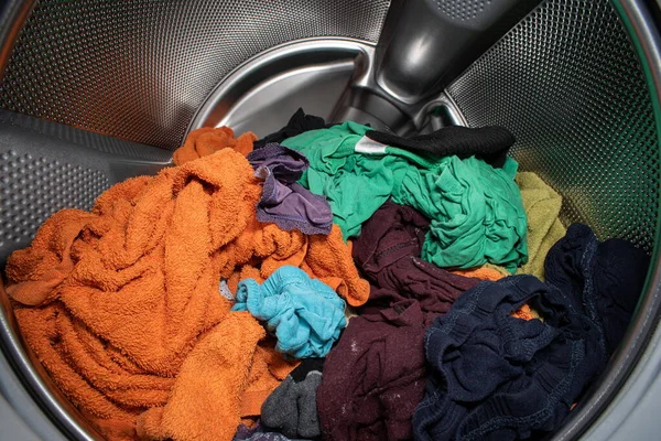 Wasmachine Droger Metalen Geperforeerde Trommel Met Gekleurde Natte Binnen Groothoek — Stockfoto