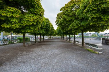 Kamu parkındaki boş banklar. Yeşil bitki, insan yok..