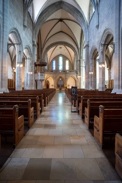Református Európai Templom Belseje Üres Padokkal Ultra Széles Látószög Nincs — Stock Fotó