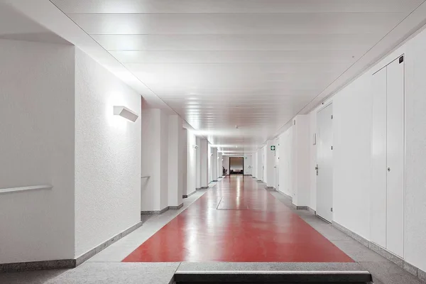 Long empty public building corridor or hallway. Wall and ceiling mounted light, no people