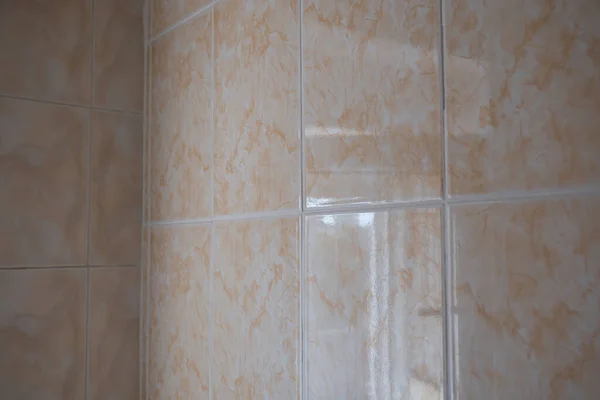 Ceramic bathroom tiles or faience on a wall. Close up shot, light brown tons, no people, natural light.