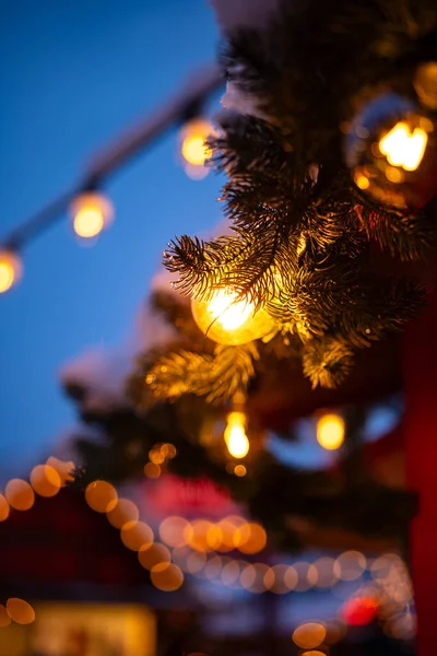 Christmas lights and decorations close up shot, shallow depth of field, blurry background, exterior shot, no peopl.