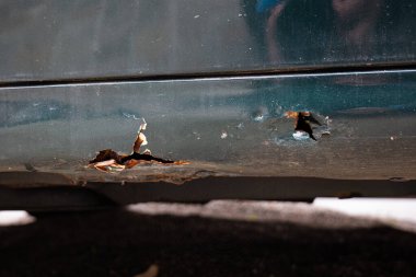 Delikten geçen paslı araba pervazı. Yakın çekim, insan yok..