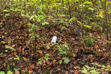 Orman zeminine atılmış ya da atılmış boş bir metal parçası bulundu. Doğa konseptinde çöp atmak, insan yok..