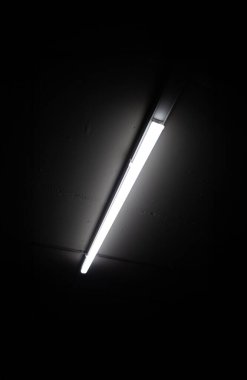 Tavanlı neon tüp, karanlık iç mekan, insan yok..