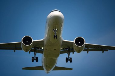 Mavi gökyüzü arka planına kurulmuş ticari bir uçak. Yukarı bakıyor, telefoto çekimlerini kapatıyor..