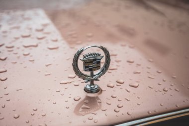 08-06-2025, Kempttal, İsviçre. Klasik bir Cadillac şapkası ya da klasik bir arabanın kaput amblemi ya da rozeti. Ayrıntılı çekim, insan yok.