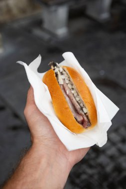 Delft, Hollanda, 28 Ağustos 2025. Kafkas erkek eli, caddede bir haring broodje veya Hollanda ringa balıklı sandviç tutuyor. Yaklaş, detaylı çekim, alanın derinliği