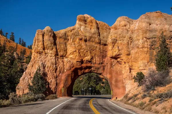 Panguitch, Utah 'ın manzaralı güzelliğini keşfedin, dolambaçlı bir yol doğayla çevrili çarpıcı bir kumtaşı kemerinden geçer..